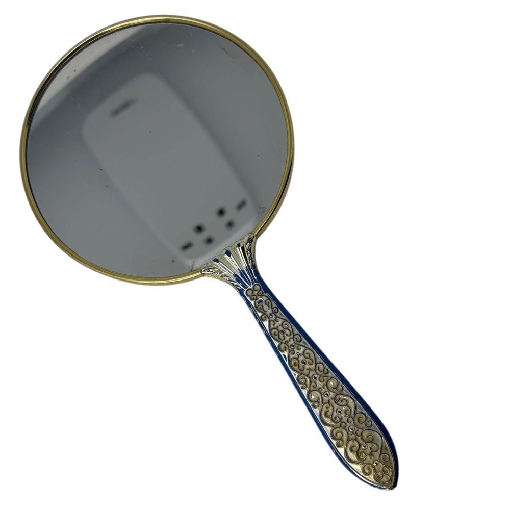 Vintage Handheld Vanity Mirror Blue Enamel Gold Tone Ornate Filigree 5"